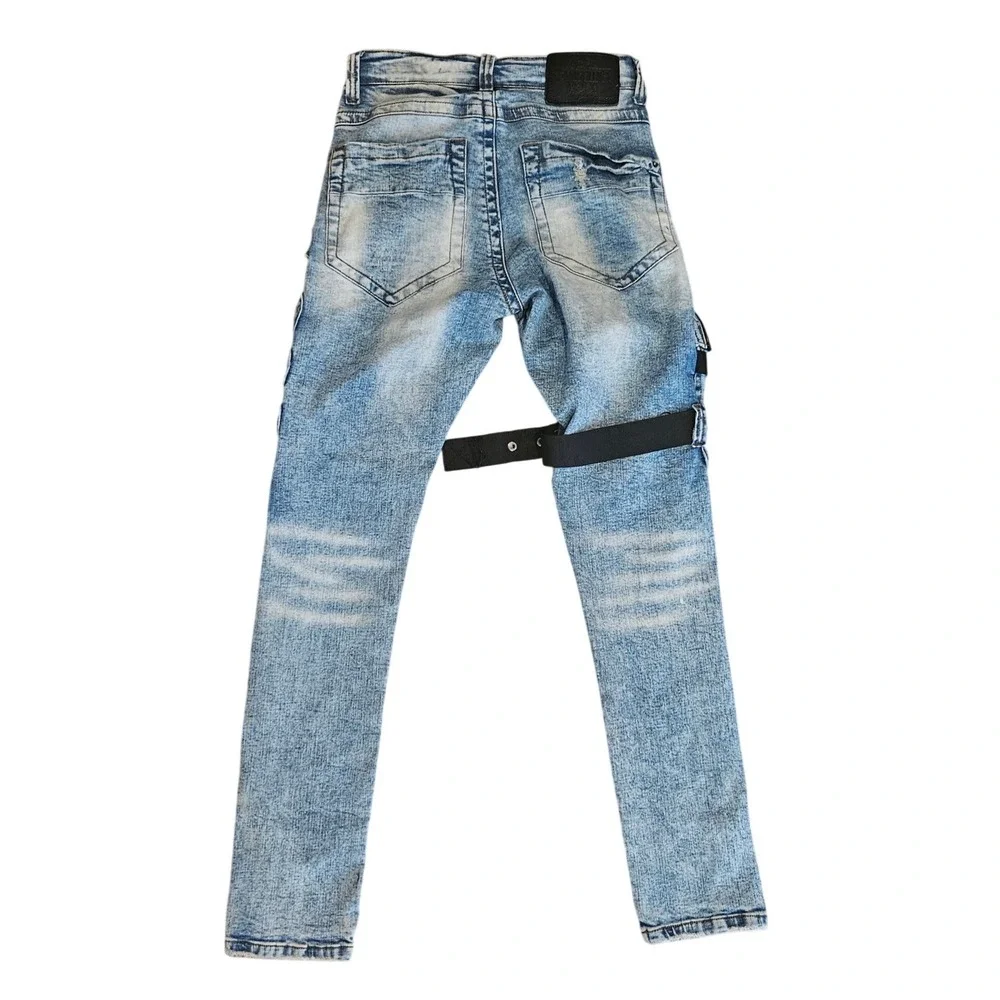 Smugglers Moon Mens Tactical Distressed Cargo Denim Jeans Acid Wash Blue W28 L31
